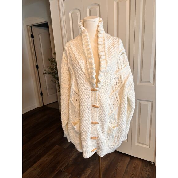 Handmade Sweaters - Handmade Crochet Cardigan Ivory Cableknit Chunky High Collar Luxury Toggle 2XL